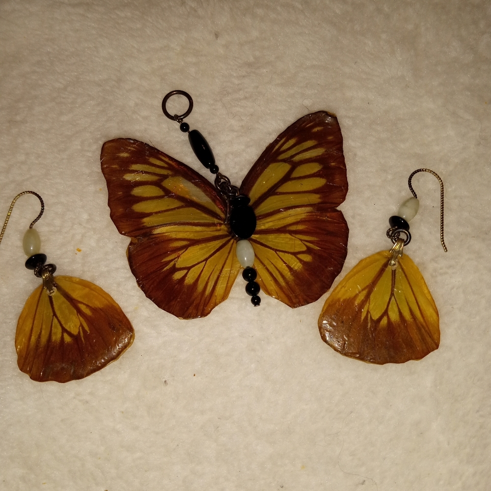 A real butterfly pendant with matching earrings